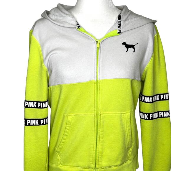 PINK Victoria's Secret Neon Green Hoodie Zip Front Sweatshirt - Picture 2 of 9